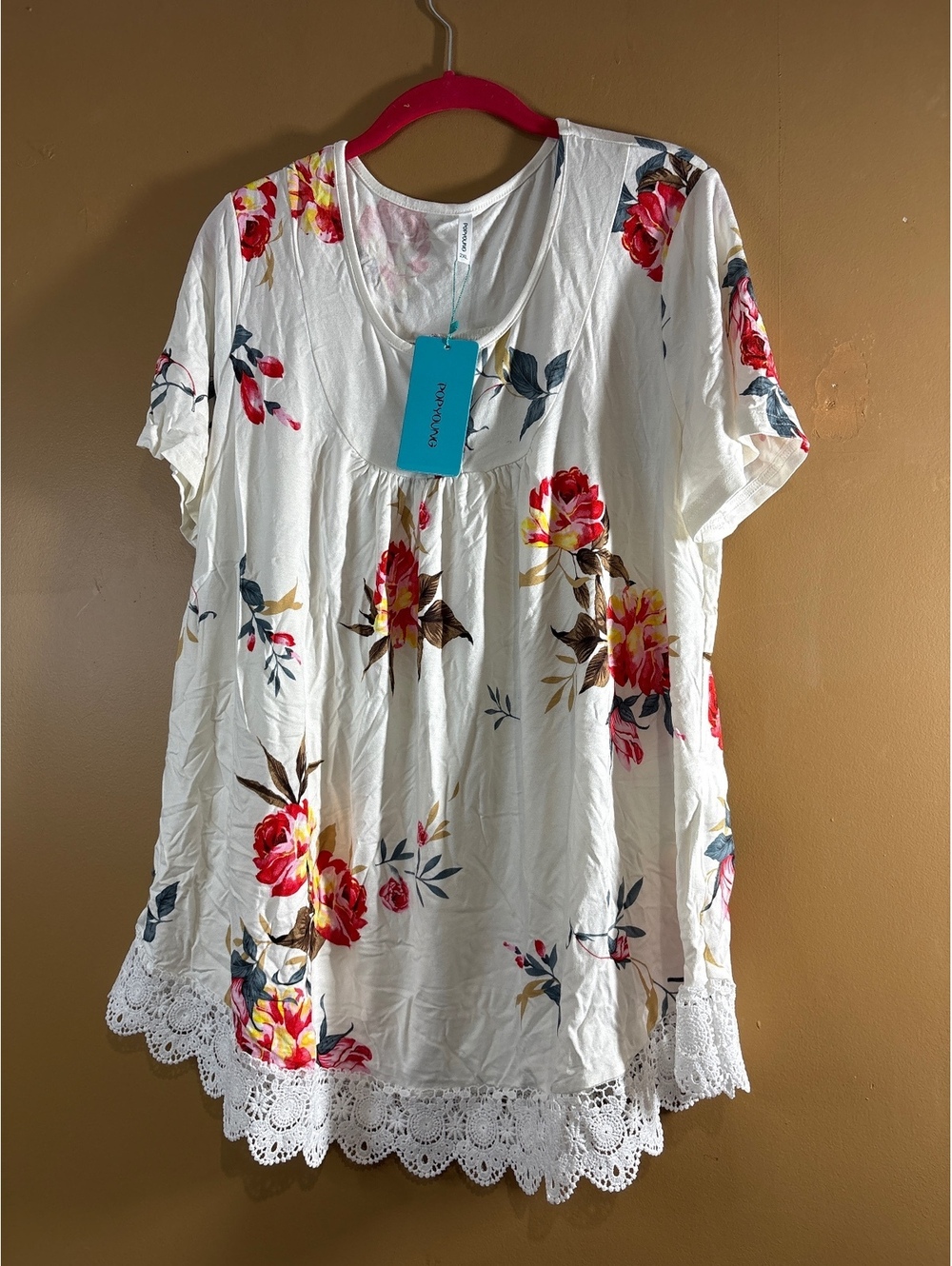 HC1210  Women's Floral Print Short Sleeve Blouse with Lace Trim, Size 2XL